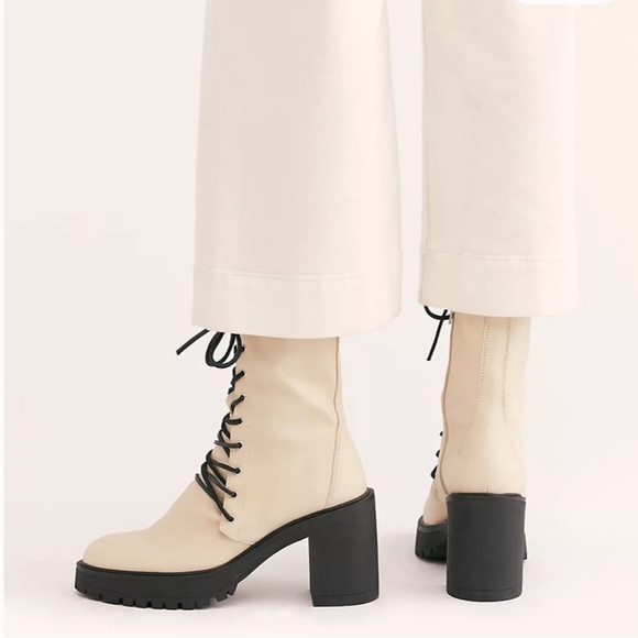 Free People Dylan Lace-Up Boots Platform Heel Ivory White Leather EU 38 US 8 - Picture 2 of 14